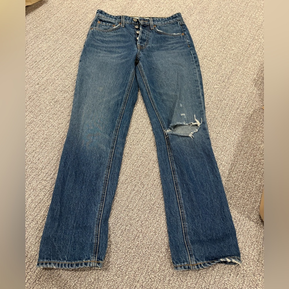 GRLFRND Blue Distressed Straight Leg Jeans